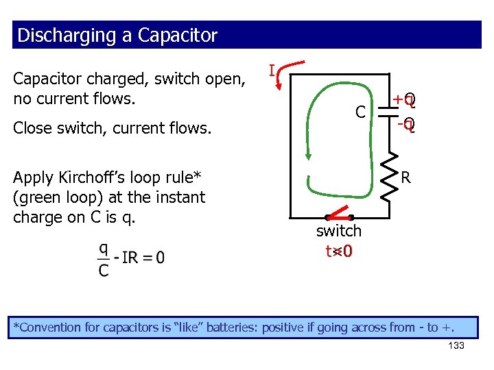 Discharging a Capacitor charged, switch open, no current flows. Close switch, current flows. Apply