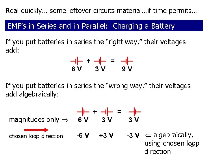 Real quickly… some leftover circuits material…if time permits… EMF’s in Series and in Parallel: