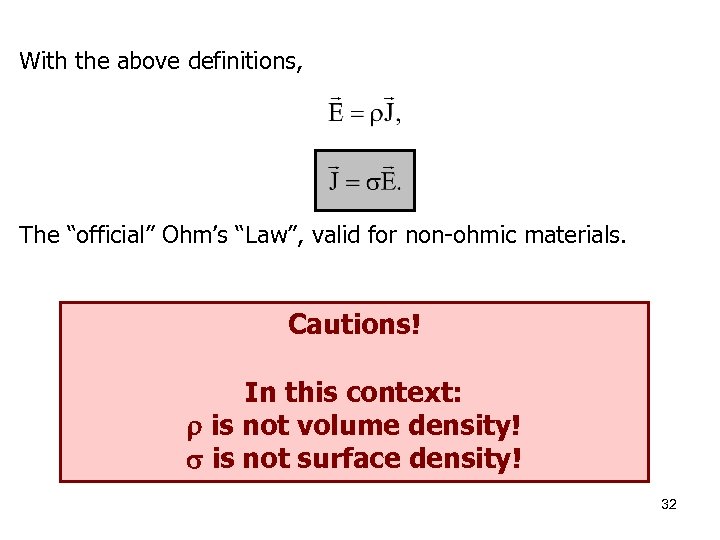 With the above definitions, The “official” Ohm’s “Law”, valid for non-ohmic materials. Cautions! In
