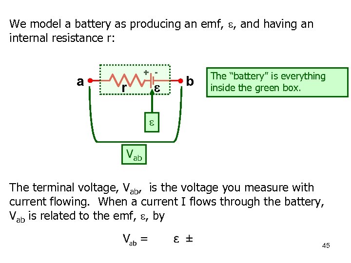 We model a battery as producing an emf, , and having an internal resistance