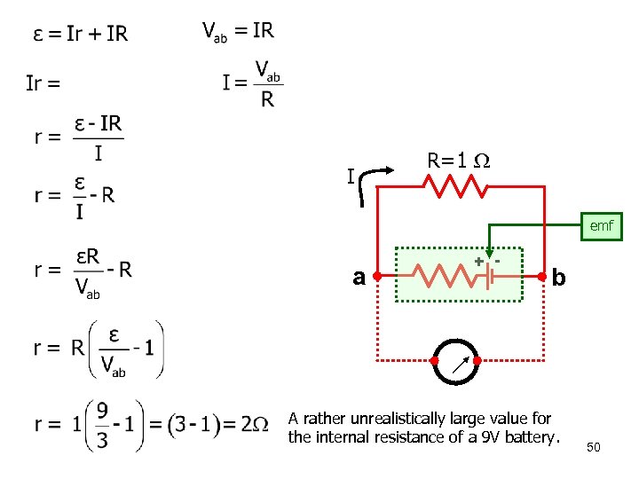 I R=1 emf a + - b A rather unrealistically large value for the