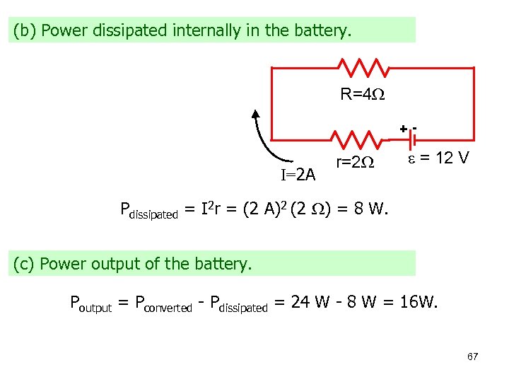 (b) Power dissipated internally in the battery. R=4 +- I=2 A r=2 = 12