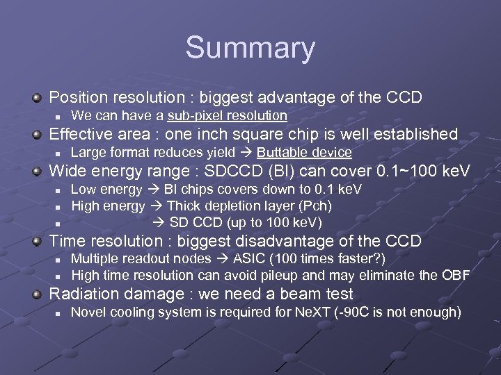 Summary Position resolution : biggest advantage of the CCD n We can have a