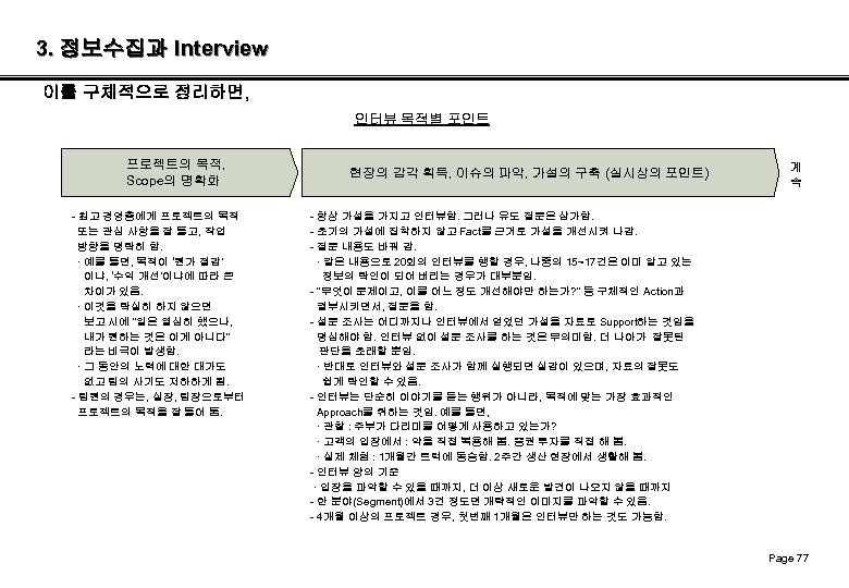 3. 정보수집과 Interview 이를 구체적으로 정리하면, 인터뷰 목적별 포인트 프로젝트의 목적, Scope의 명확화 -