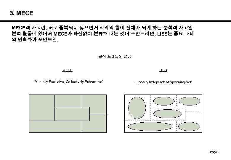 3. MECE적 사고란, 서로 중복되지 않으면서 각각의 합이 전체가 되게 하는 분석적 사고임. 분석
