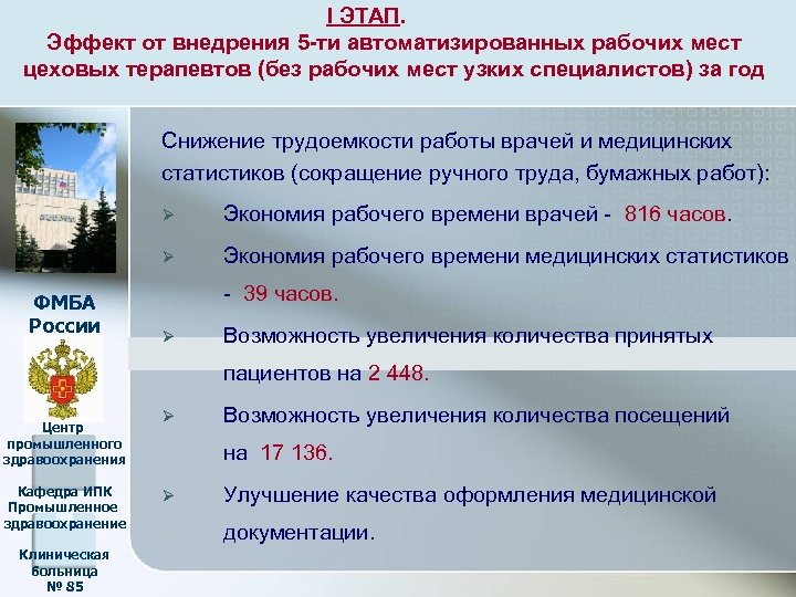  I ЭТАП. Эффект от внедрения 5 -ти автоматизированных рабочих мест цеховых терапевтов (без