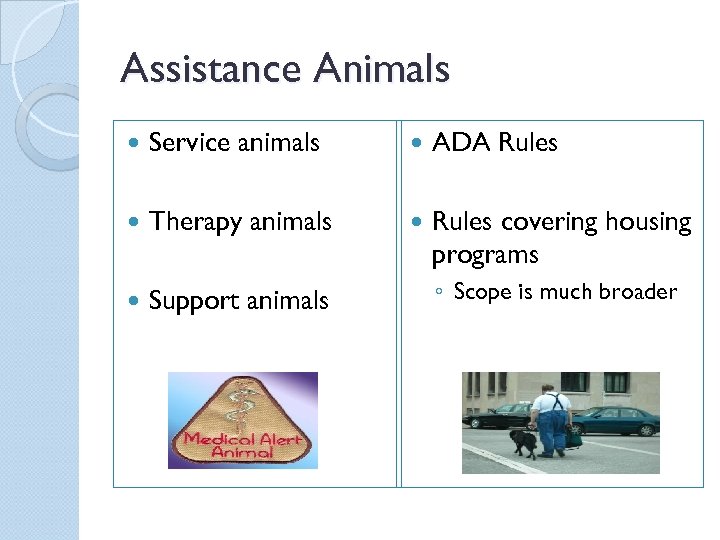 Assistance Animals Service animals ADA Rules Therapy animals Rules covering housing programs Support animals