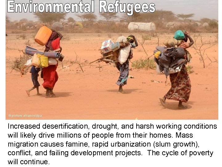 Increased desertification, drought, and harsh working conditions will likely drive millions of people from