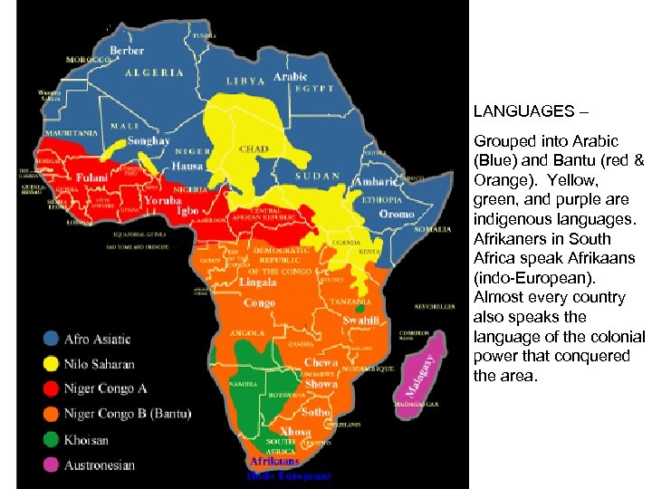 LANGUAGES – Grouped into Arabic (Blue) and Bantu (red & Orange). Yellow, green, and