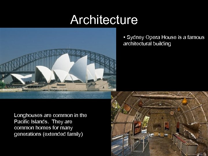 Architecture • Sydney Opera House is a famous architectural building Longhouses are common in