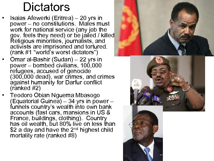 Dictators • Isaias Afewerki (Eritrea) – 20 yrs in power – no constitutions. Males