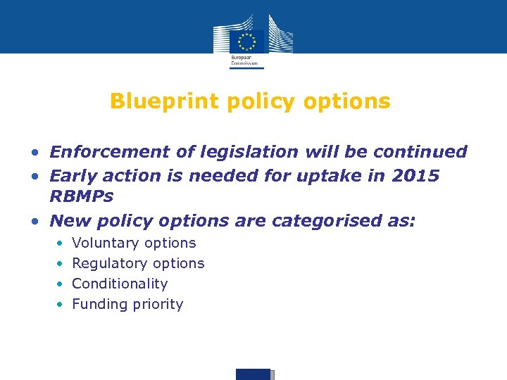 Blueprint policy options • Enforcement of legislation will be continued • Early action is