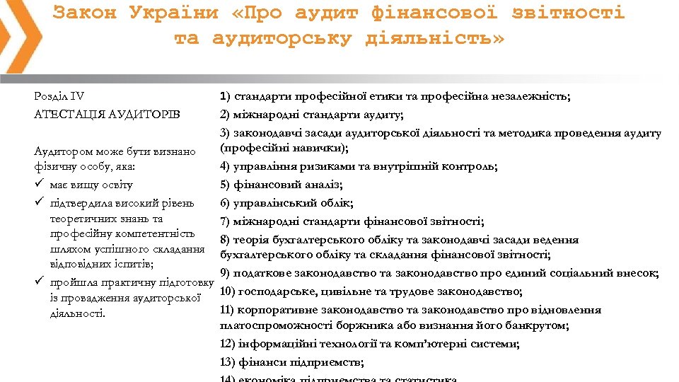 Закон України «Про аудит фінансової звітності та аудиторську діяльність» 1) стандарти професійної етики та