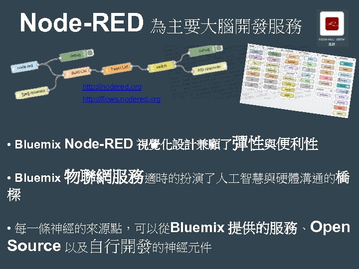 Node-RED 為主要大腦開發服務 http: //nodered. org http: //flows. nodered. org • Bluemix Node-RED 視覺化設計兼顧了彈性與便利性 •