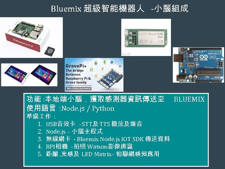 Bluemix 超級智能機器人 -小腦組成 功能 : 本地端小腦，獲取感測器資訊傳送至 使用語言 : Node. js / Python 準備 作