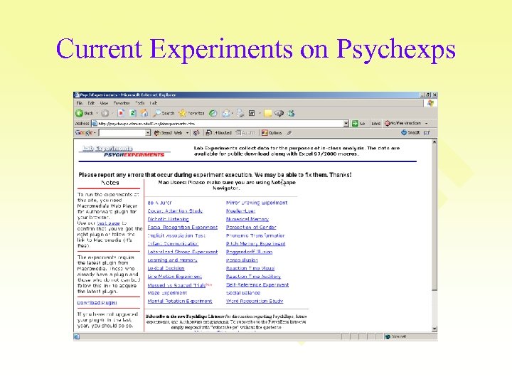 Current Experiments on Psychexps 