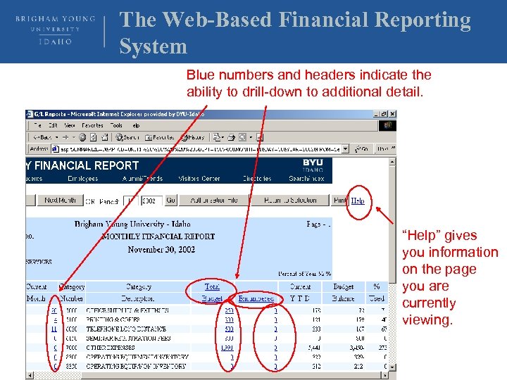 The Web-Based Financial Reporting System Blue numbers and headers indicate the ability to drill-down