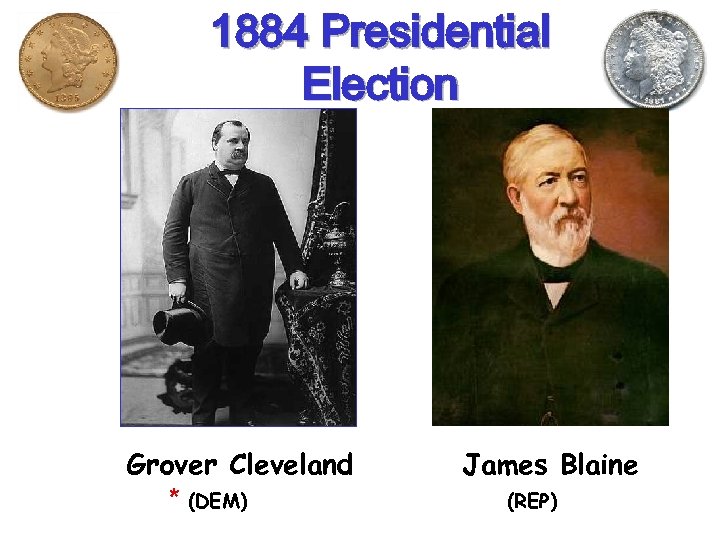 1884 Presidential Election Grover Cleveland * (DEM) James Blaine (REP) 