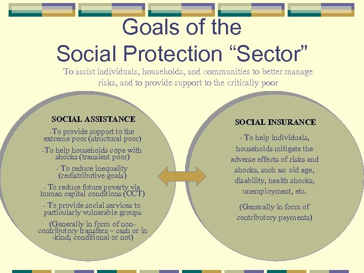 Goals of the Social Protection “Sector” To assist individuals, households, and communities to better