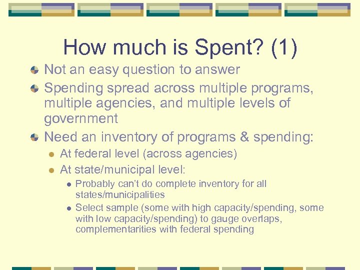 How much is Spent? (1) Not an easy question to answer Spending spread across