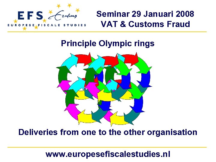 Seminar 29 Januari 2008 VAT & Customs Fraud Principle Olympic rings Deliveries from one