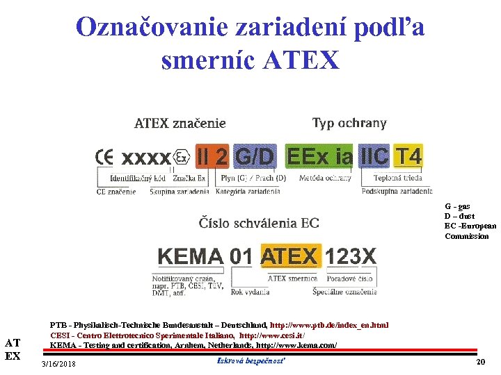 Označovanie zariadení podľa smerníc ATEX G gas D – dust EC European Commission AT