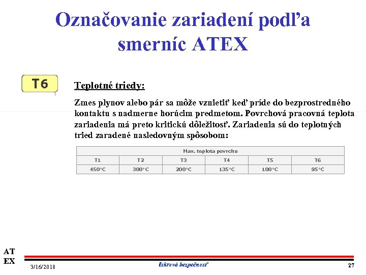 Označovanie zariadení podľa smerníc ATEX Teplotné triedy: Zmes plynov alebo pár sa môže vznietiť