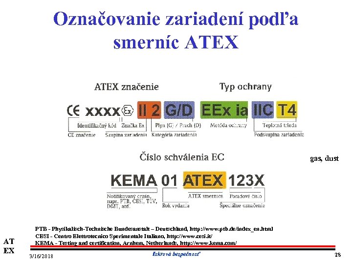Označovanie zariadení podľa smerníc ATEX gas, dust AT EX PTB Physikalisch Technische Bundesanstalt –