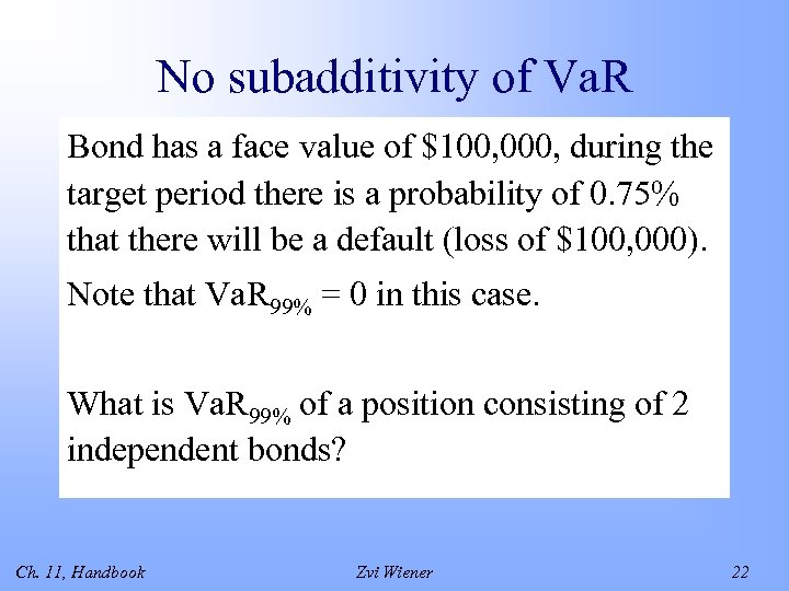 No subadditivity of Va. R Bond has a face value of $100, 000, during