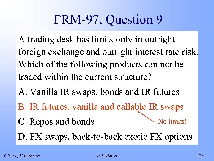 FRM-97, Question 9 A trading desk has limits only in outright foreign exchange and