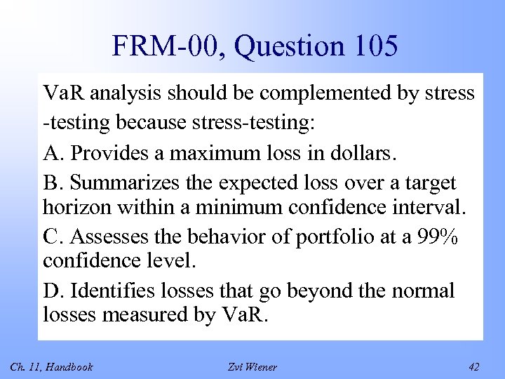 FRM-00, Question 105 Va. R analysis should be complemented by stress -testing because stress-testing: