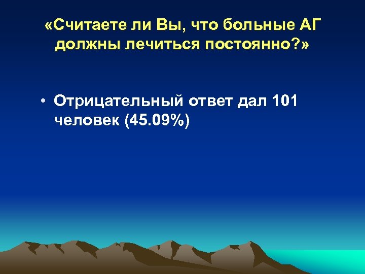  «Считаете ли Вы, что больные АГ должны лечиться постоянно? » • Отрицательный ответ