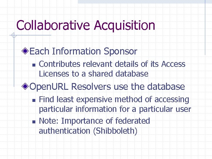 Collaborative Acquisition Each Information Sponsor n Contributes relevant details of its Access Licenses to