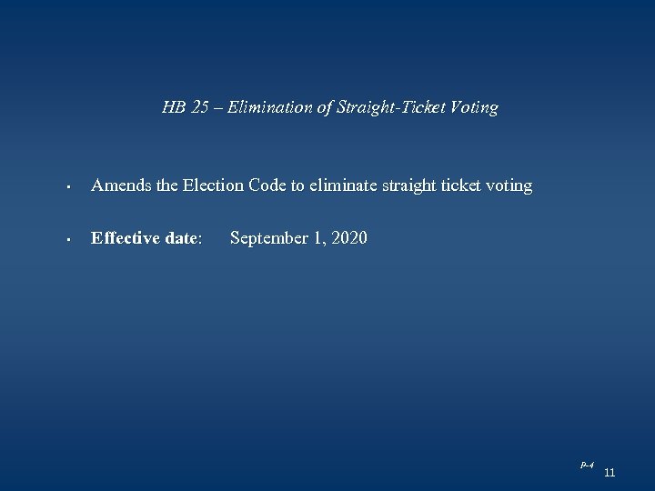 HB 25 – Elimination of Straight-Ticket Voting • Amends the Election Code to eliminate