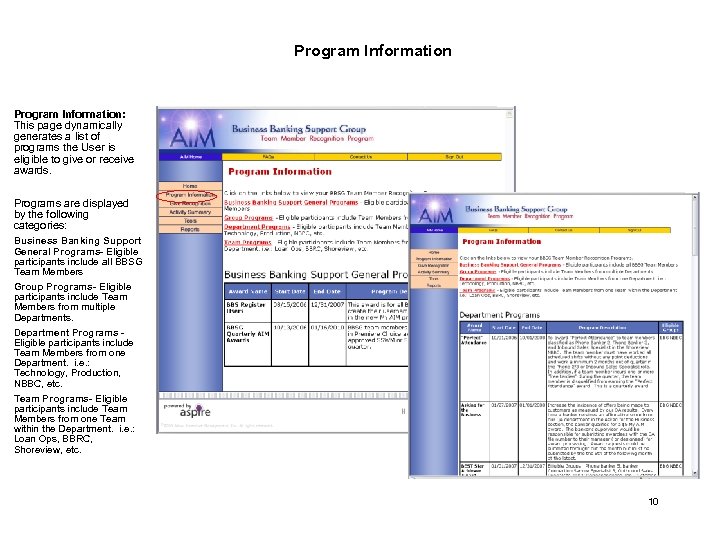 Program Information: This page dynamically generates a list of programs the User is eligible