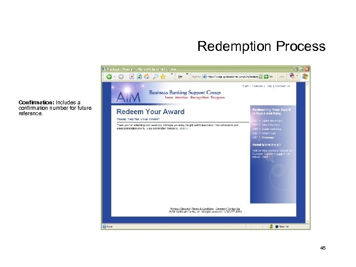Redemption Process Confirmation: Includes a confirmation number for future reference. 46 