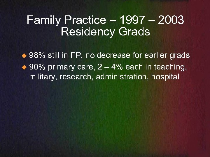Family Practice – 1997 – 2003 Residency Grads 98% still in FP, no decrease