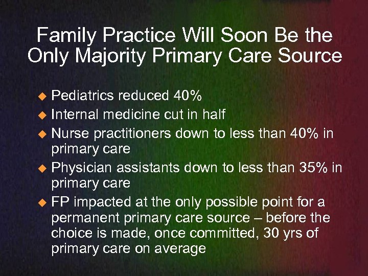 Family Practice Will Soon Be the Only Majority Primary Care Source Pediatrics reduced 40%