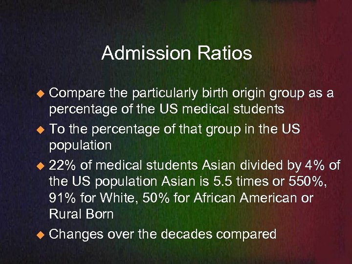 Admission Ratios Compare the particularly birth origin group as a percentage of the US