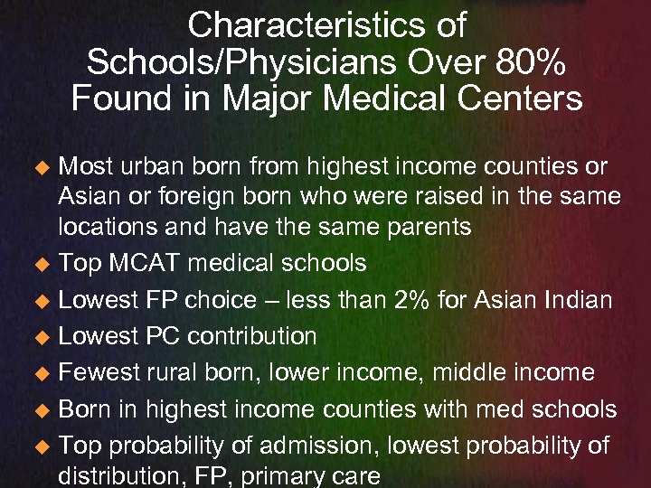 Characteristics of Schools/Physicians Over 80% Found in Major Medical Centers Most urban born from
