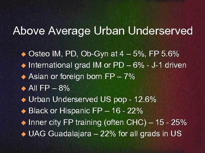 Above Average Urban Underserved Osteo IM, PD, Ob-Gyn at 4 – 5%, FP 5.