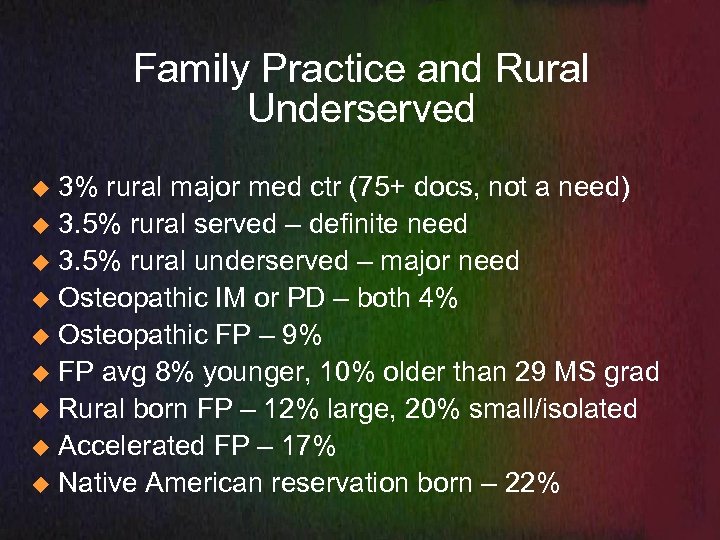 Family Practice and Rural Underserved 3% rural major med ctr (75+ docs, not a