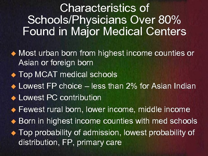 Characteristics of Schools/Physicians Over 80% Found in Major Medical Centers Most urban born from
