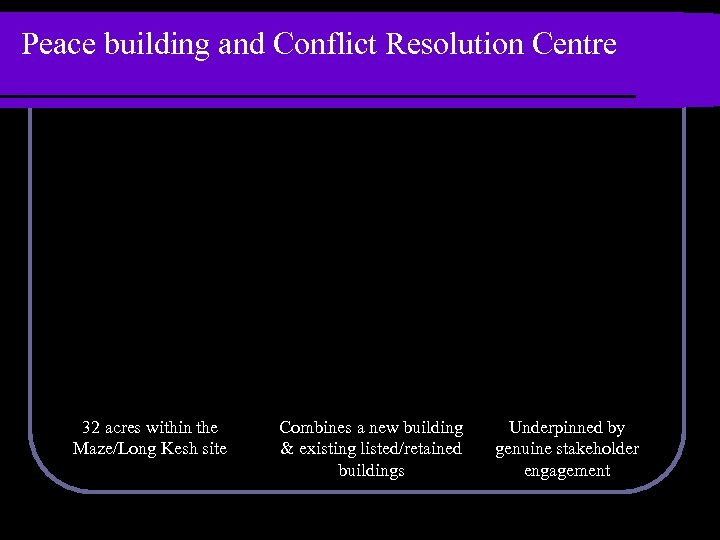 Peace building and Conflict Resolution Centre 32 acres within the Maze/Long Kesh site Combines