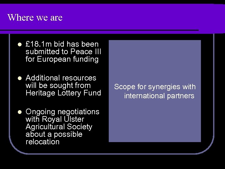 Where we are l £ 18. 1 m bid has been submitted to Peace