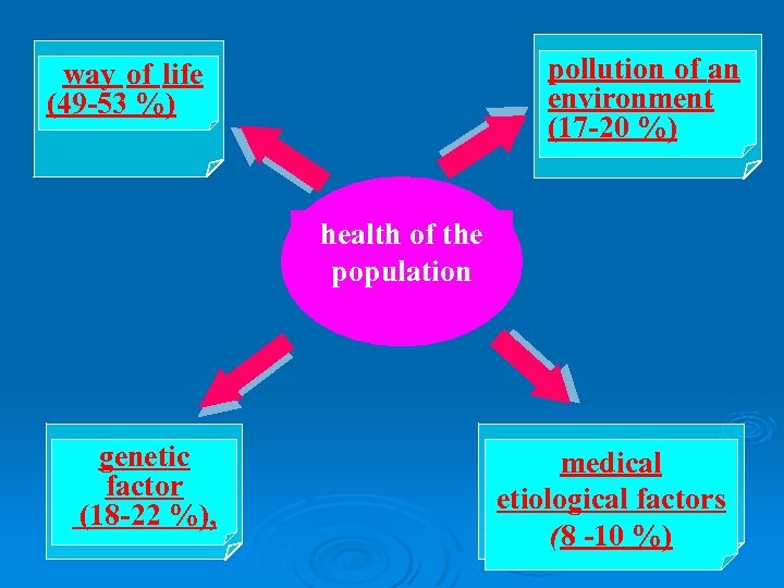 pollution of an environment (17 -20 %) way of life (49 -53 %) health