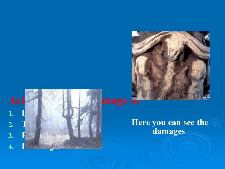 Acid rain causes damage to Lakes and rivers Trees 3. People 4. Buildings 1.