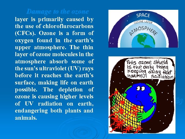Damage to the ozone layer is primarily caused by the use of chloroflurocarbons (CFCs).