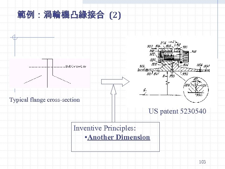 範例：渦輪機凸緣接合 (2) Typical flange cross-section US patent 5230540 Inventive Principles: • Another Dimension 103