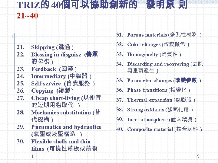 TRIZ的 40個可以協助創新的 發明原 則 21~40 31. Porous materials (多孔性材料 ) 21. 22. 23. 24.